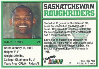 1993 Dream Cards Saskatchewan Roughriders #12 Gary Lewis  Back