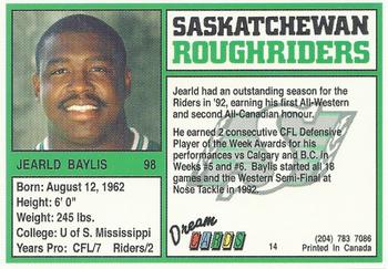 1993 Dream Cards Saskatchewan Roughriders #14 Jearld Baylis  Back