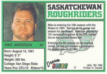 1993 Dream Cards Saskatchewan Roughriders #17 Mike Anderson  Back