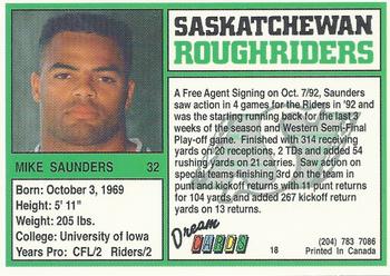 1993 Dream Cards Saskatchewan Roughriders #18 Mike Saunders  Back