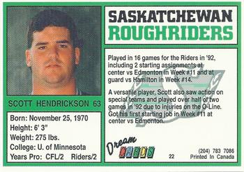 1993 Dream Cards Saskatchewan Roughriders #22 Scott Hendrickson  Back