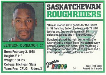 1993 Dream Cards Saskatchewan Roughriders #24 Ventson Donelson  Back