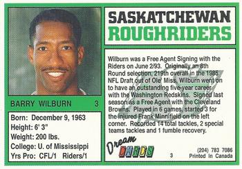 1993 Dream Cards Saskatchewan Roughriders #3 Barry Wilburn  Back