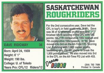 1993 Dream Cards Saskatchewan Roughriders #9 Dave Ridgway  Back