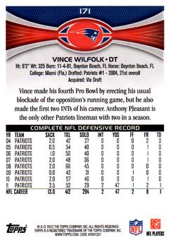 2012 Topps #171 Vince Wilfork Back
