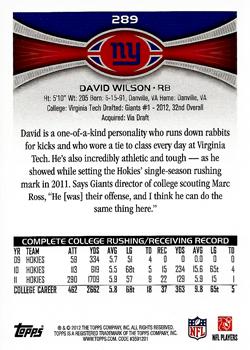 2012 Topps #289 David Wilson Back