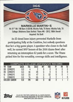 2012 Topps #366 Markelle Martin Back