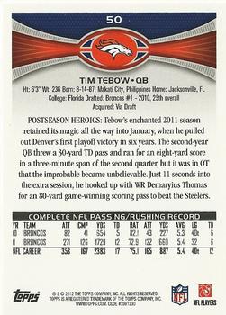 2012 Topps #50 Tim Tebow Back