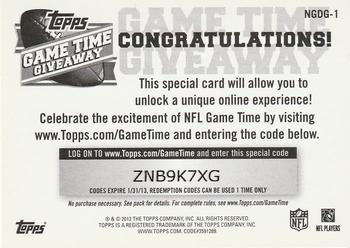 2012 Topps #NGDG-1 Game Time Giveaway Back