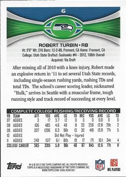2012 Topps #6 Robert Turbin Back