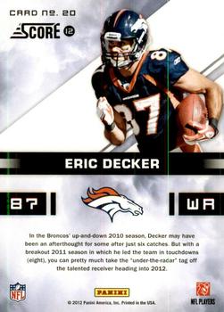 2012 Score - In the Zone Glossy #20 Eric Decker Back