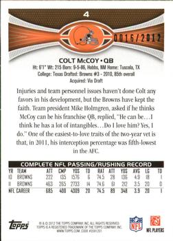 2012 Topps - Gold #4 Colt McCoy Back