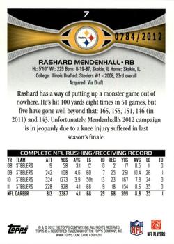 2012 Topps - Gold #7 Rashard Mendenhall Back