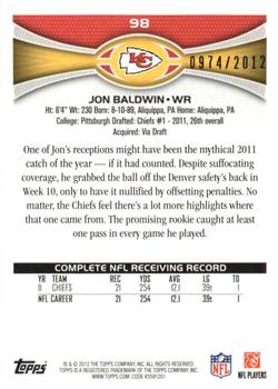 2012 Topps - Gold #98 Jon Baldwin Back