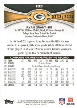 2012 Topps - Gold #183 Ryan Grant Back