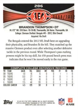 2012 Topps - Gold #286 Brandon Thompson Back