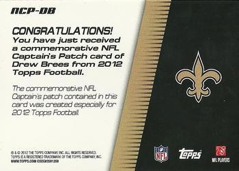 2012 Topps - NFL Captains Patches #NCP-DB Drew Brees Back