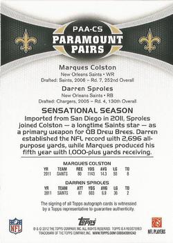 2012 Topps - Paramount Pairs Autographs #PAA-CS Marques Colston / Darren Sproles Back