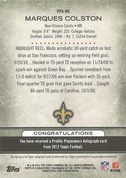 2012 Topps - Prolific Playmakers Autographs #PPA-MC Marques Colston Back