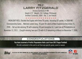 2012 Topps - Prolific Playmakers Relics #PPR-LF Larry Fitzgerald Back