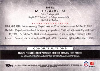 2012 Topps - Prolific Playmakers Relics #PPR-MA Miles Austin Back