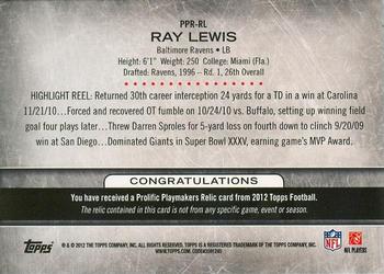 2012 Topps - Prolific Playmakers Relics #PPR-RL Ray Lewis Back