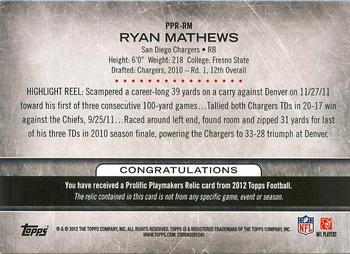 2012 Topps - Prolific Playmakers Relics #PPR-RM Ryan Mathews Back