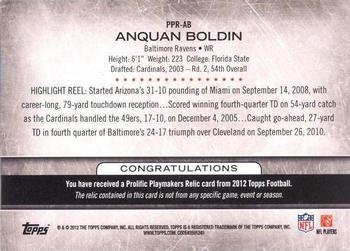 2012 Topps - Prolific Playmakers Relics #PPR-AB Anquan Boldin Back