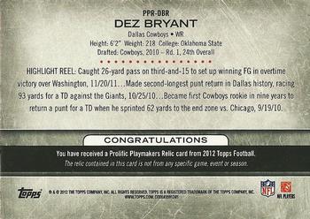2012 Topps - Prolific Playmakers Relics #PPR-DBR Dez Bryant Back