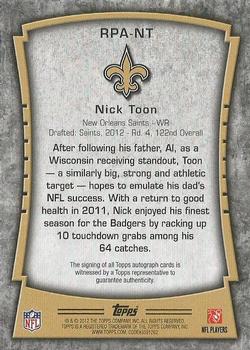 2012 Topps - Rookie Premiere Autographs #RPA-NT Nick Toon Back