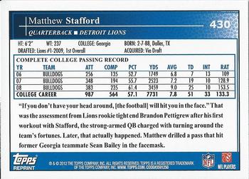 2012 Topps - Rookie Reprint #430 Matthew Stafford Back