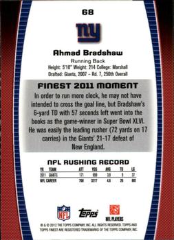 2012 Finest #68 Ahmad Bradshaw Back