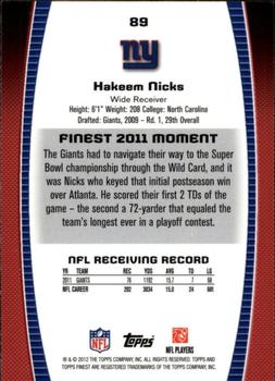 2012 Finest #89 Hakeem Nicks Back
