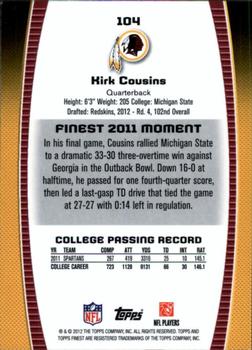 2012 Finest #104 Kirk Cousins Back