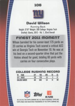 2012 Finest #106 David Wilson Back