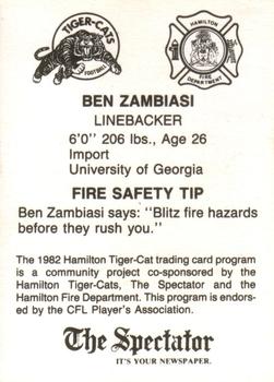 1982 Hamilton Tiger-Cats Safety #NNO Ben Zambiasi Back