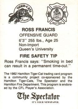 1982 Hamilton Tiger-Cats Safety #NNO Ross Francis Back