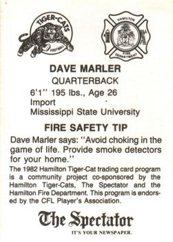 1982 Hamilton Tiger-Cats Safety #NNO Dave Marler Back