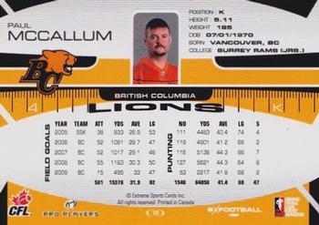 2009 Extreme Sports CFL #18 Paul McCallum Back