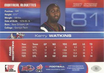 2007 Extreme Sports CFL #5 Kerry Watkins Back