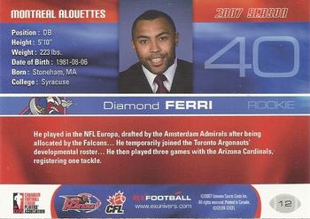 2007 Extreme Sports CFL #12 Diamond Ferri Back