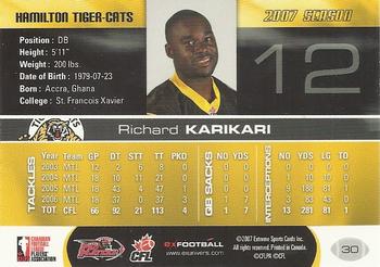 2007 Extreme Sports CFL #30 Richard Karikari Back