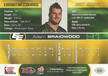 2007 Extreme Sports CFL #62 Adam Braidwood Back