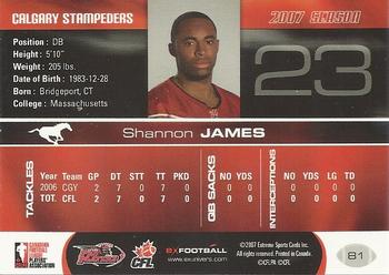 2007 Extreme Sports CFL #81 Shannon James Back