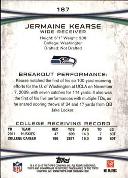 2012 Bowman - Green #187 Jermaine Kearse Back