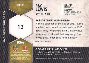 2012 Bowman - Inside the Numbers Relics #ITNR-RL Ray Lewis Back