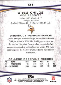 2012 Bowman - Purple #136 Greg Childs Back