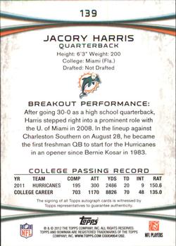 2012 Bowman - Rookie Autographs #139 Jacory Harris Back