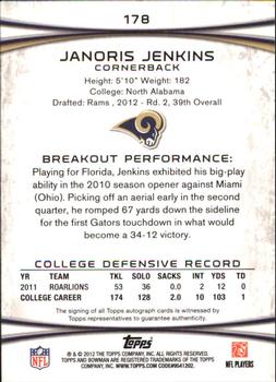 2012 Bowman - Rookie Autographs #178 Janoris Jenkins Back