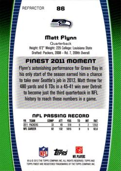 2012 Finest - Blue Refractors #86 Matt Flynn Back